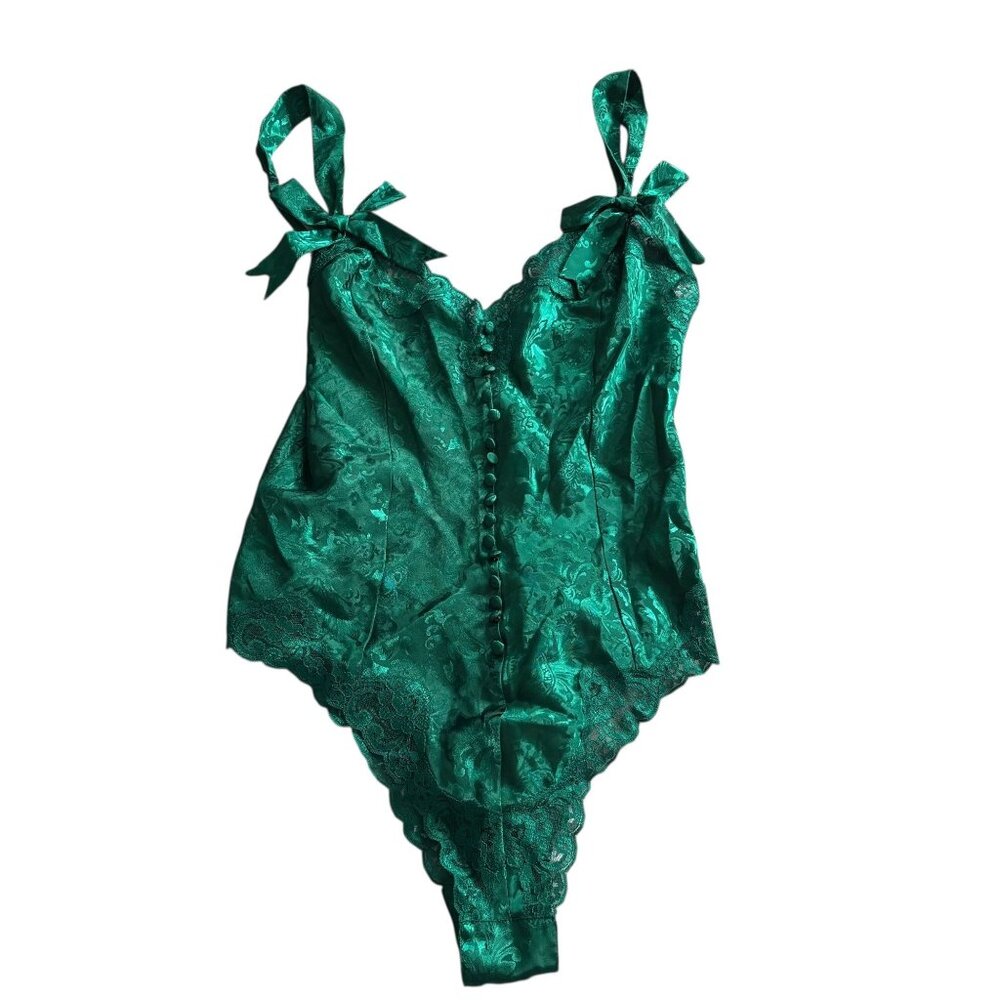 Vintage Victorias Secret Green Bodysuit Medium Teddy Lingerie Gold Label Snaps